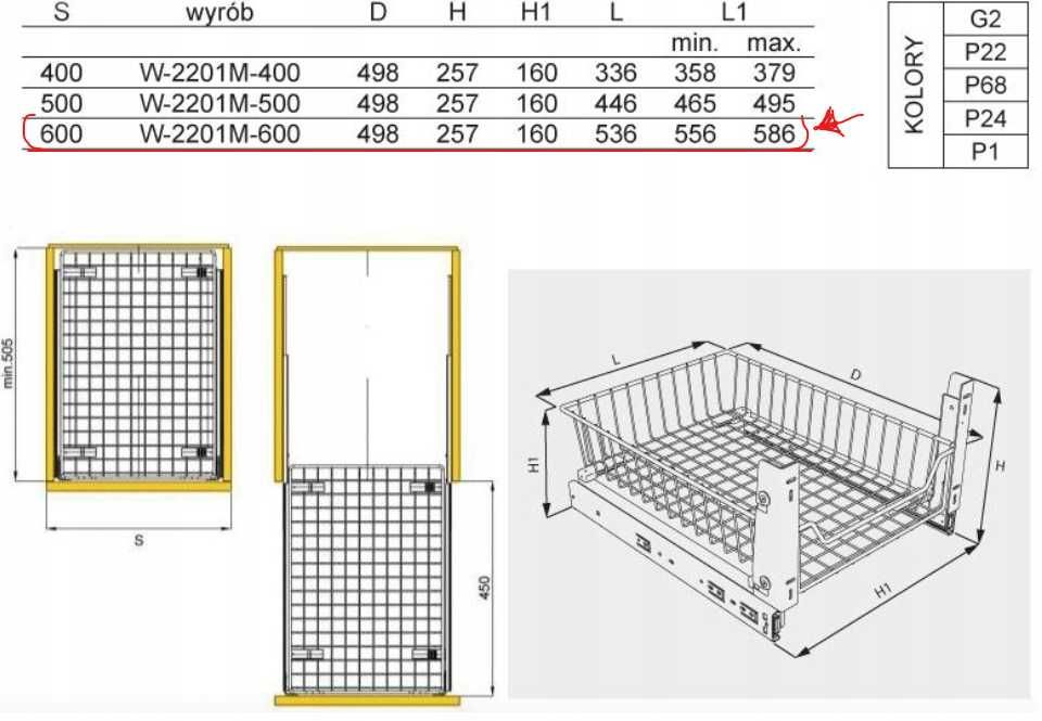 Szuflada półka kuchenna wysuwana CARGO kosz do szafki 60 cm