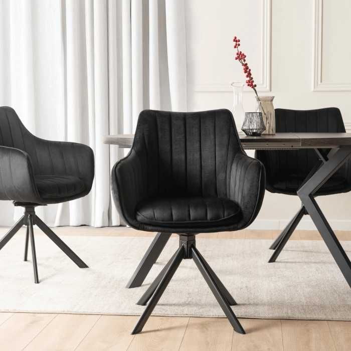 Krzesło do jadalni Obrotowe Welurowe Czarne Pikowane Tapicerowane