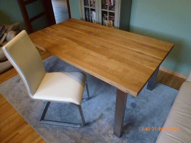 Stół blat dębowy 160x90 + 6 sztuk krzeseł skóra/drewno/stal chromowa