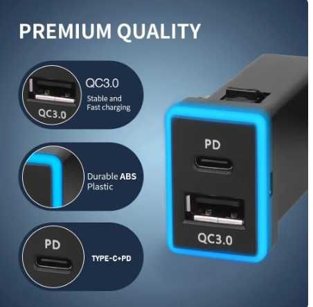 Автомобильная зарядка для Тойота 2 USB-разъема PD Type C/QC 3,0,