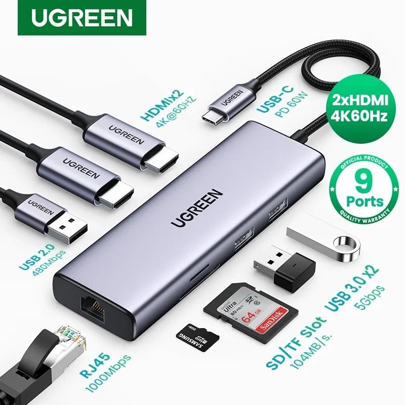 Ugreen 2-HDMI ПОРТА 9 in 1 USB C hub 4K 60 Hz to 2×HDMI 2.0 RJ45 USB