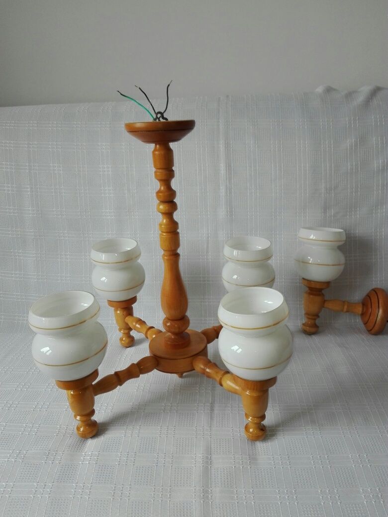 Żyrandol drewniany plus kinkiet
