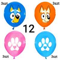 balony Bluey i Bingo Blue urodzinowe 12 szt na urodziny pieski łapki