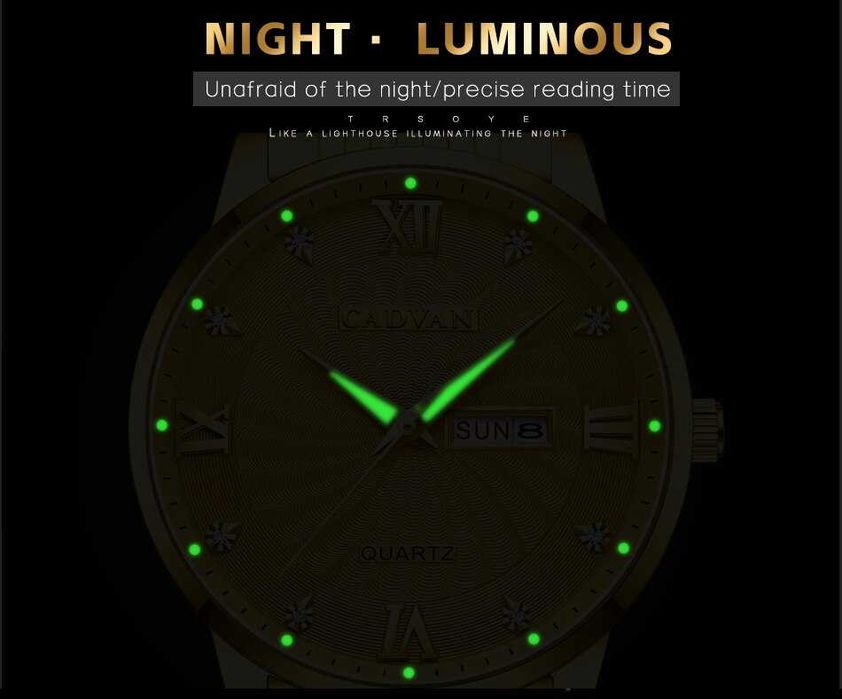 Kwarcowy zegarek męski klasyczny złoty 42mm Cadvan do garnituru luma