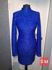 Sukienka brokatowa S 36 M 38 niebieska elegancka wesele wyjściowa