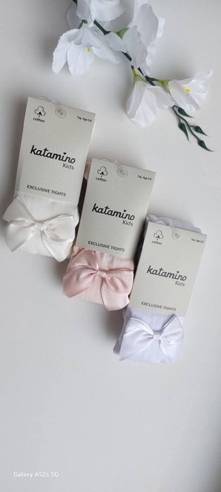 Białe rajstopy 116-128 bawełny z kokardką certyfikat OEKO-TEX