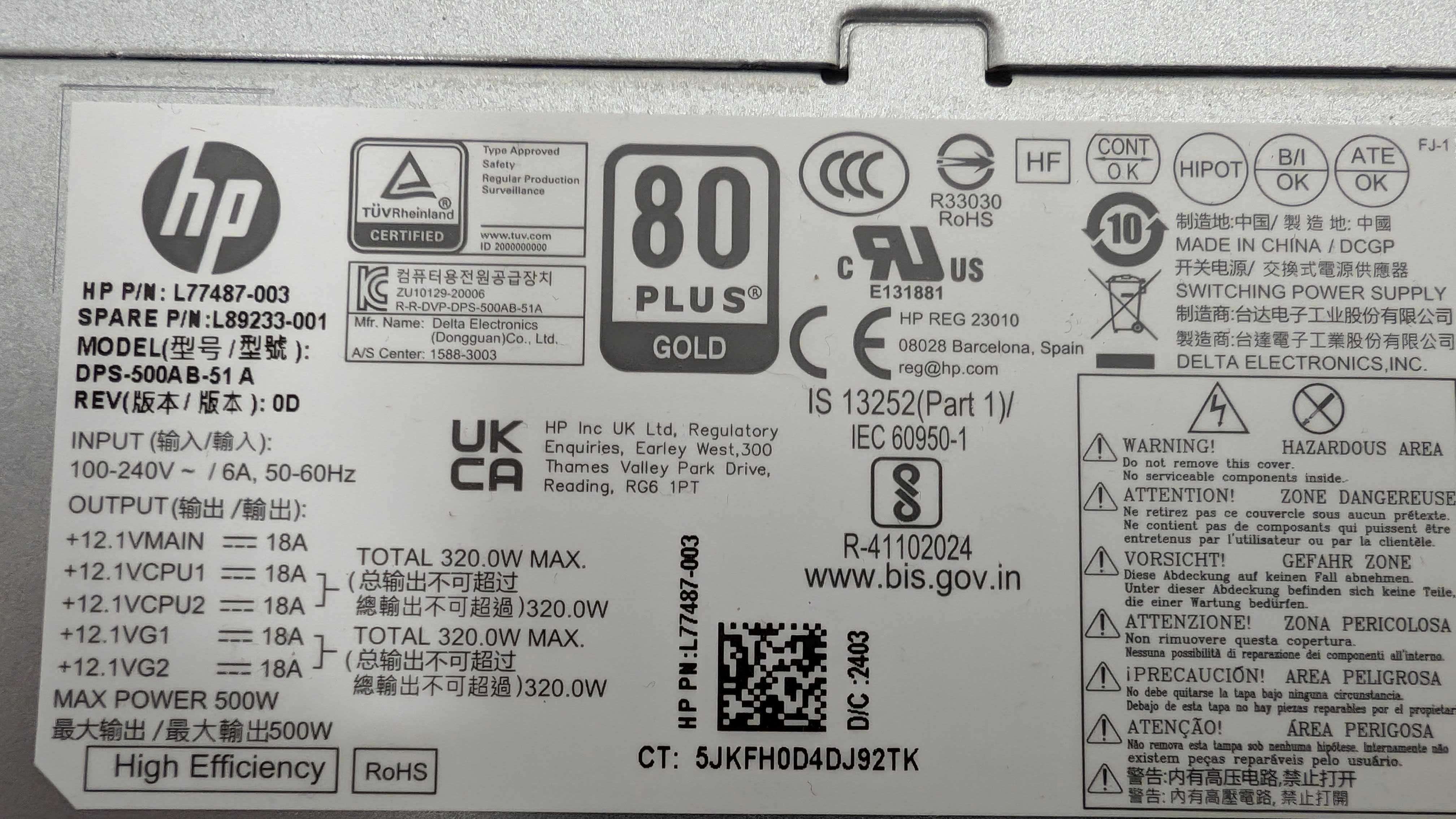 Fonte de Alimentação HP 500W 80+GOLD Alta Eficiência