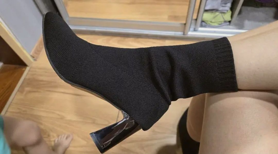 Czarne botki skarpeta srebrny obcas 37 nowe wsuwane