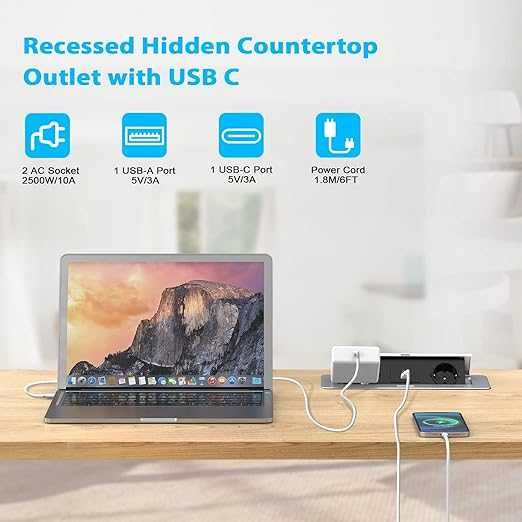 Wysuwane gniazdko elektryczne z USB C 20 W, gniazdko do zabudowy