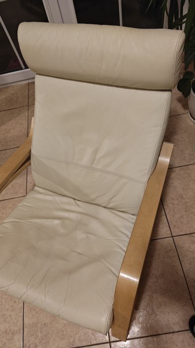 Fotel Bujany Krzesło Ikea Poang Pello Skóra Skórzany Kremowy