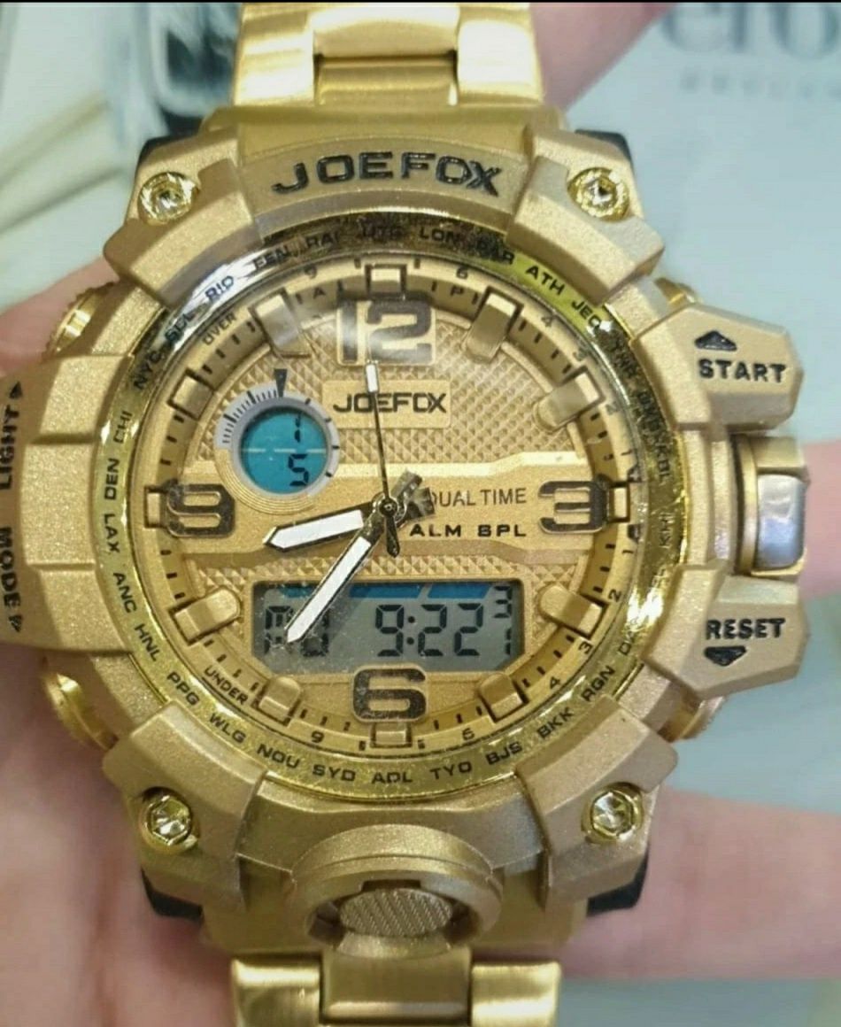 Duży  sportowy zegarek męski analogowo cyfrowy kolor złoty
