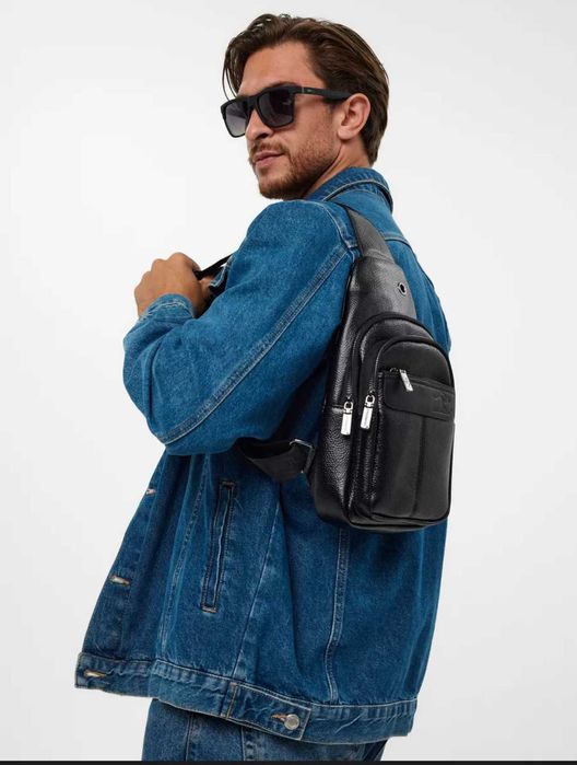 Чоловіча черная кожаная сумка бананка месенджер слінг барсетка 3в1