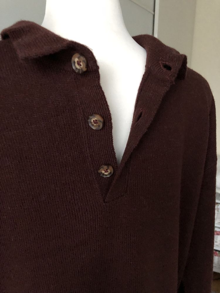 Gruby męski sweter brązowy polo z wełną L