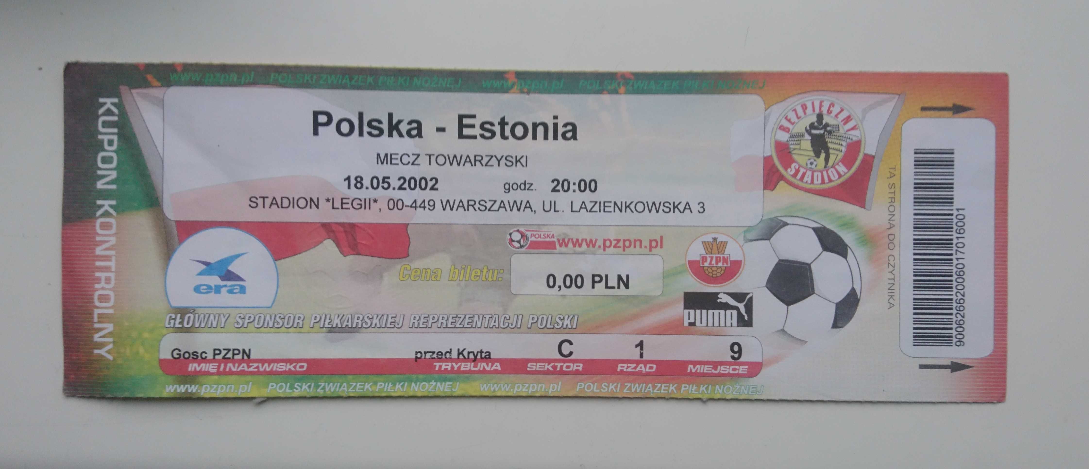 Bilet kolekcjonerski mecz towarzyski Polska-Estonia Warszawa 2002
