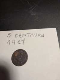 Rara moeda de cinco centavos 1927 cobre