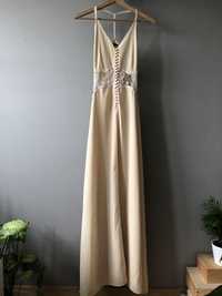 Długa suknia z haftowaną wstawką rozmiar 32