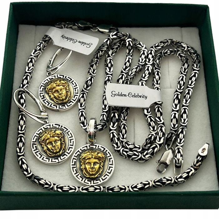 Srebrny Naszyjnik Splot Królewski+bransoletka+kolczyki Wzór Meduza 925