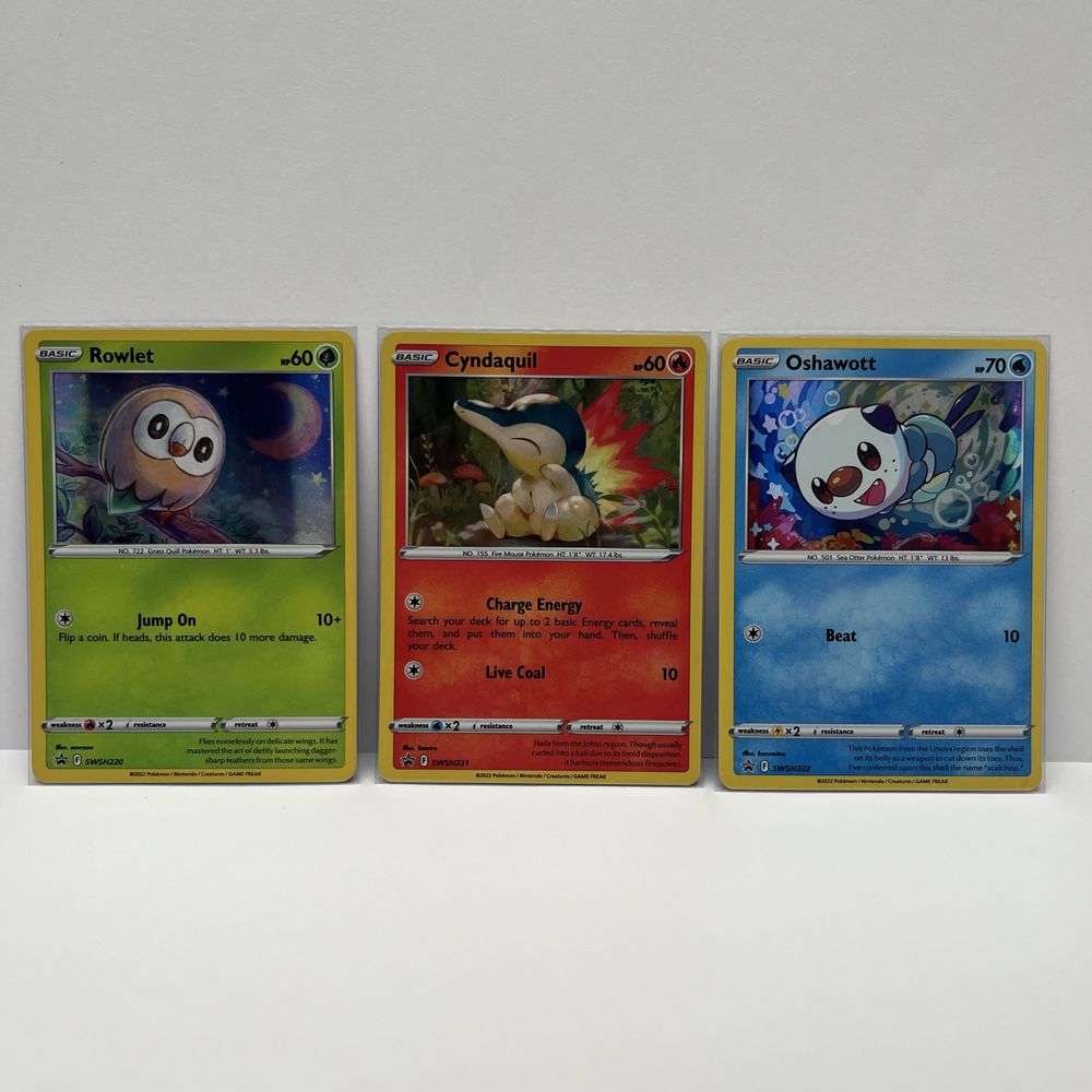 3 Karty Pokemon TCG Rowlet + Cyndaquil + Oshawott Promo