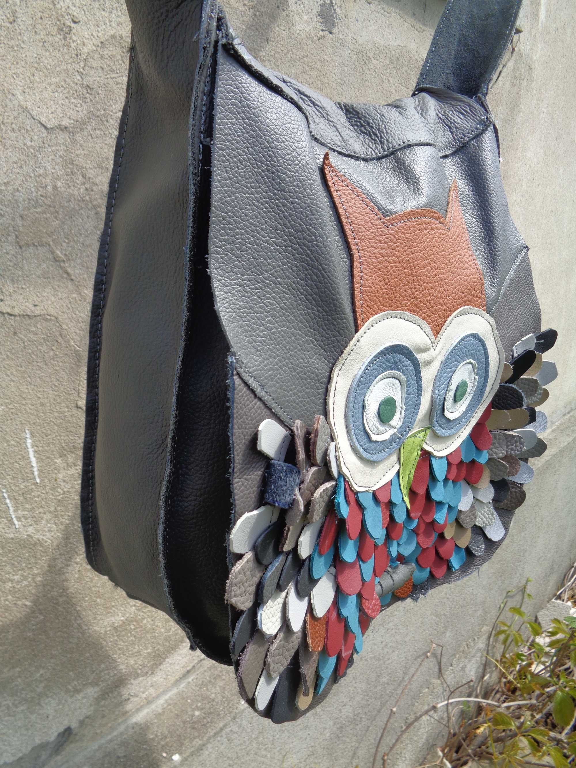 Artystyczna torebka skórzana z sową.  Handmade