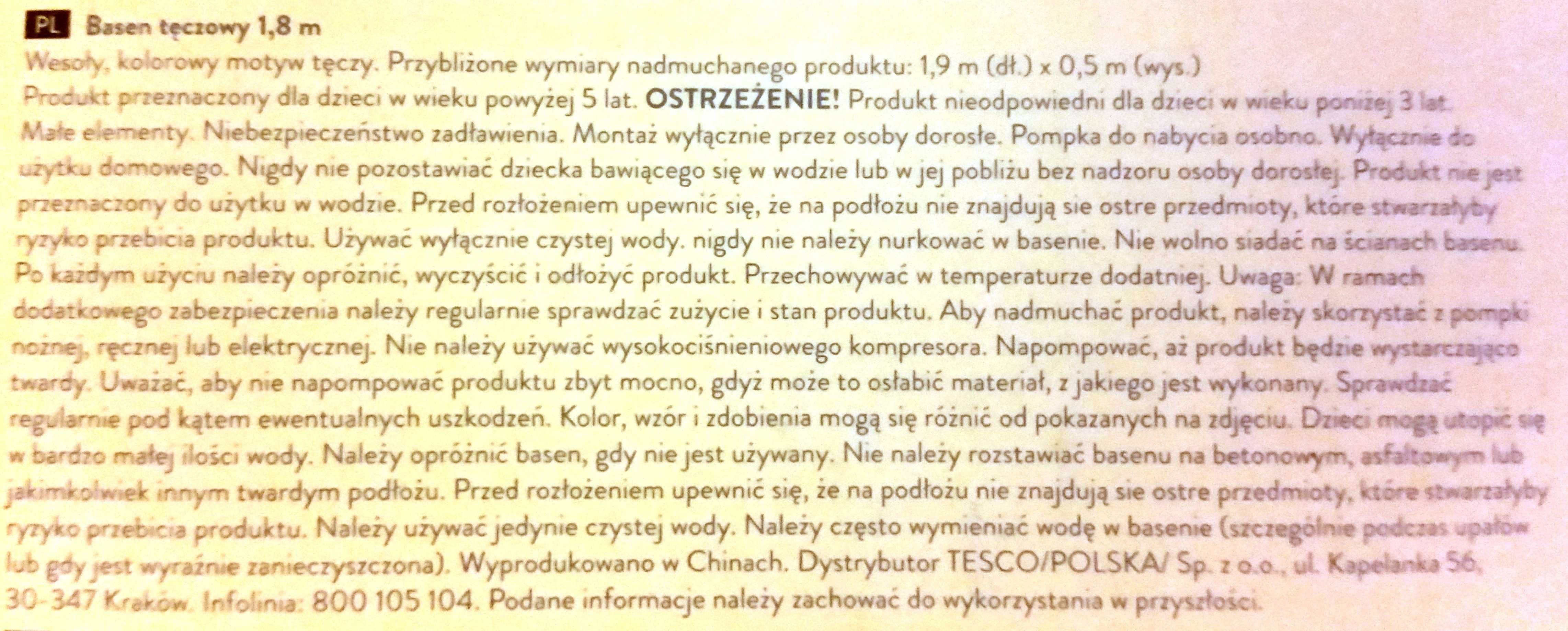 BASEN TĘCZOWY 1,9 m (dł.) x 0,5 m (wys.) NOWY !!!