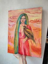 Картина Дівчина з орлом Яскрава помаранчево-рожева красива жінка бохо