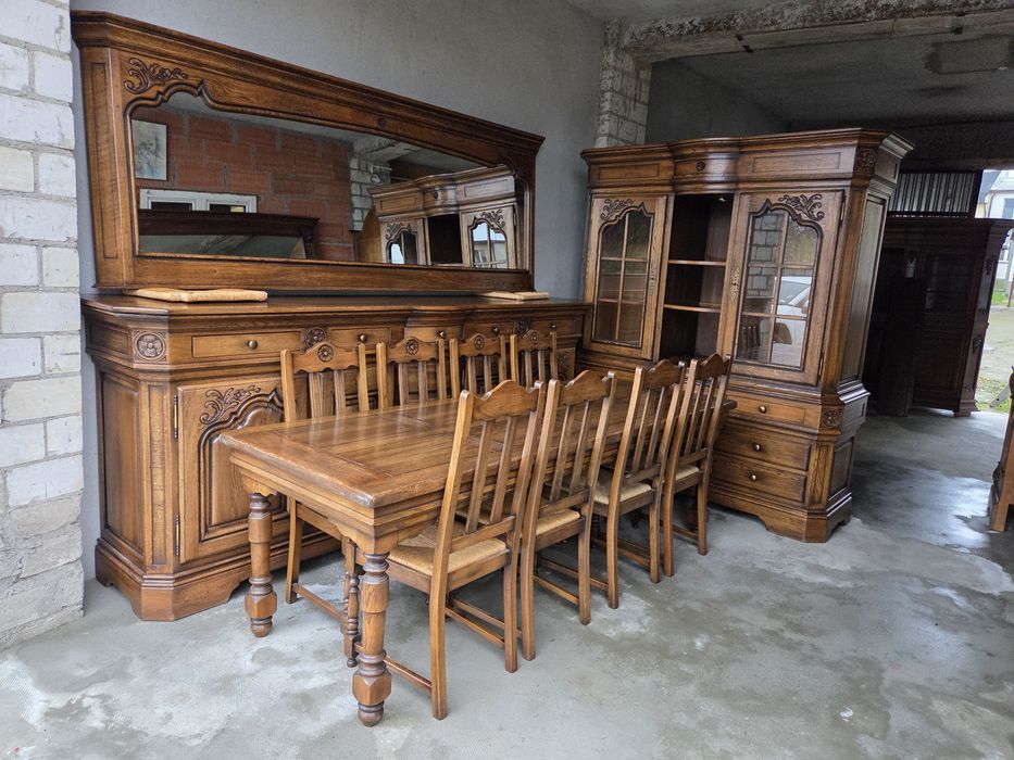 Unikatowa jadalnia 100% dębowa komoda witryna lustro stół 8 krzeseł