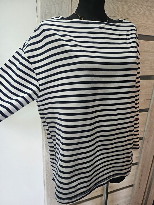 Bluzka elegancka na długi rękaw w biało granatowe paski