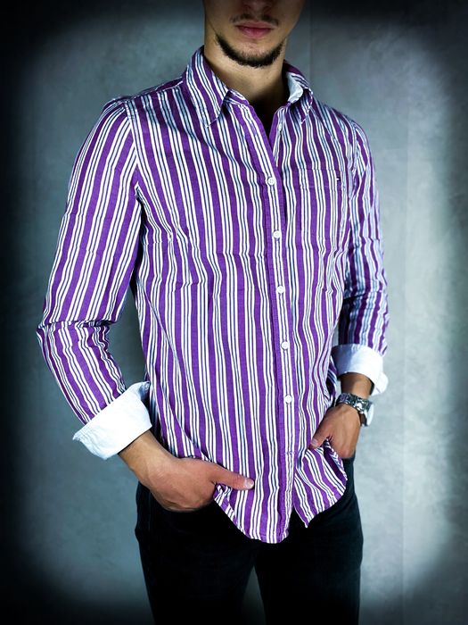 «Tommy Hilfiger» Męska Koszula Fioletowa Biała w Paski / S