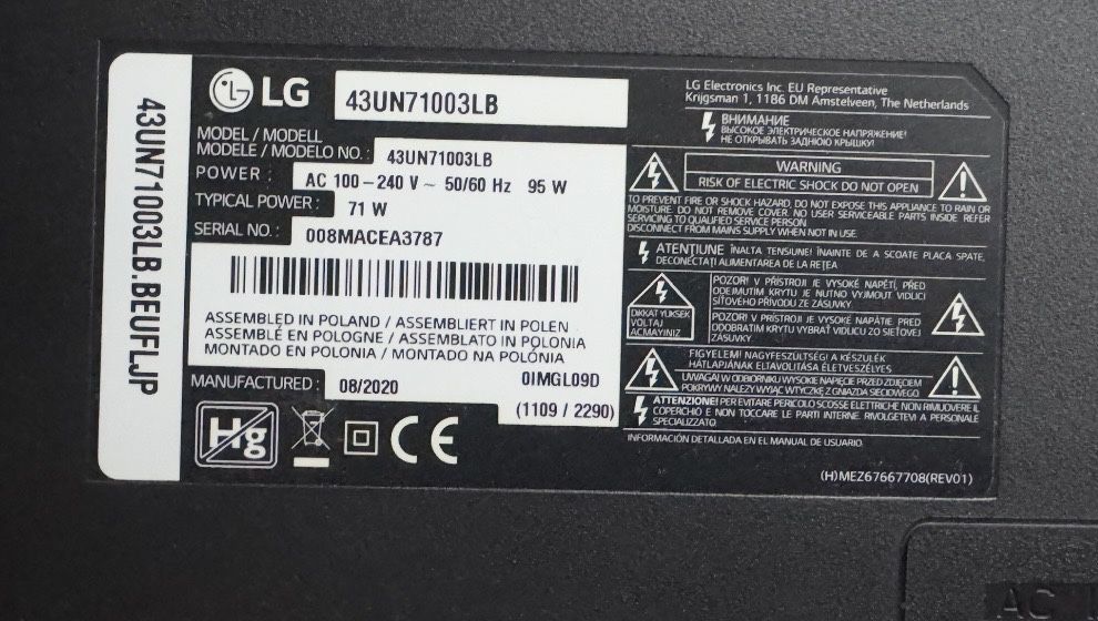 Telewizor LG 43UN71003LB uszkodzona matryca