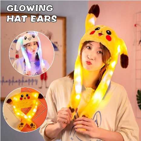Pluszowa czapka z ruchomymi uszami Pikachu Pokemon, świecąca LED