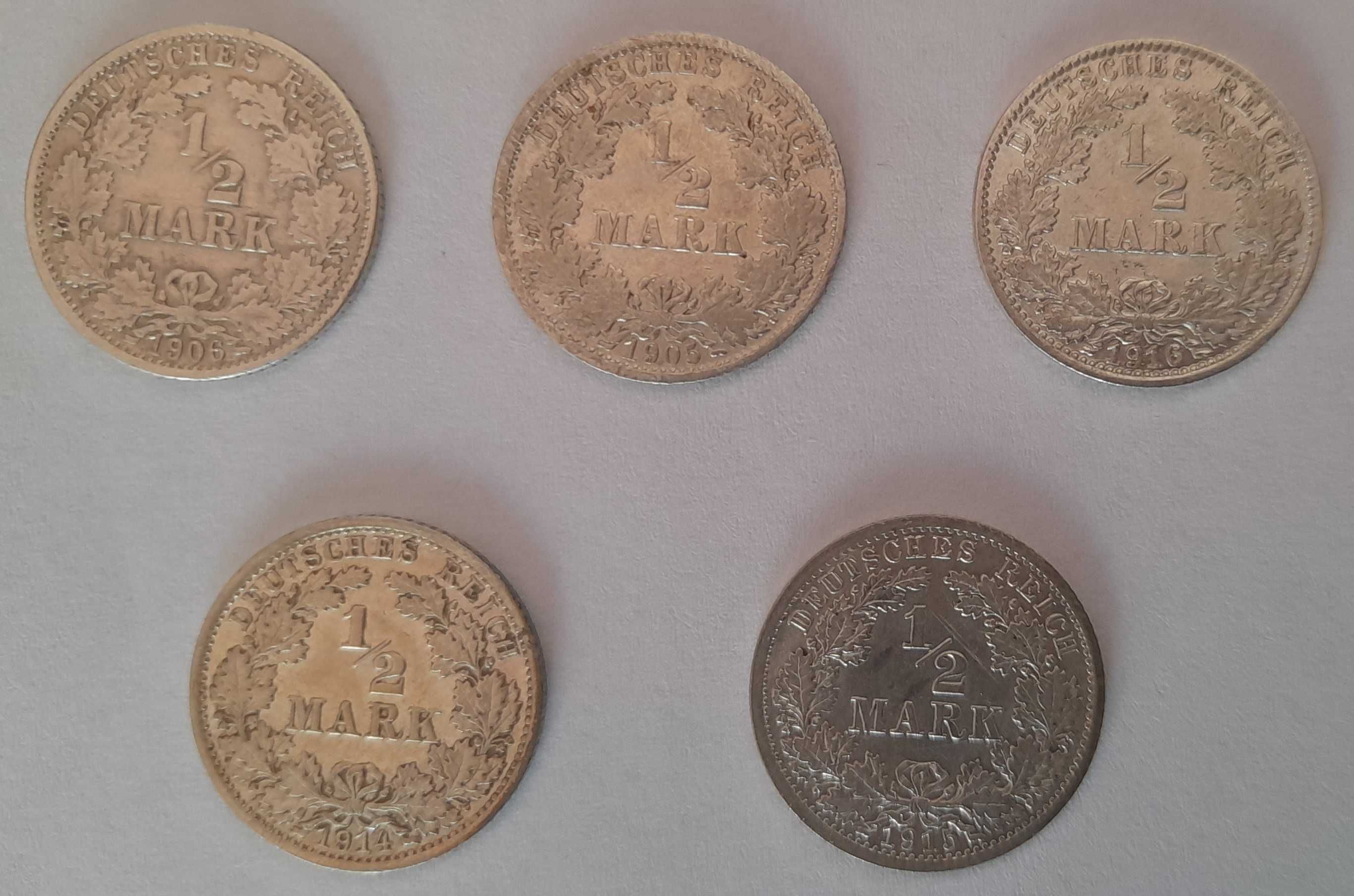 1/2 marki zestaw 5 sztuk srebro 1905,1906,1914,1915,1916