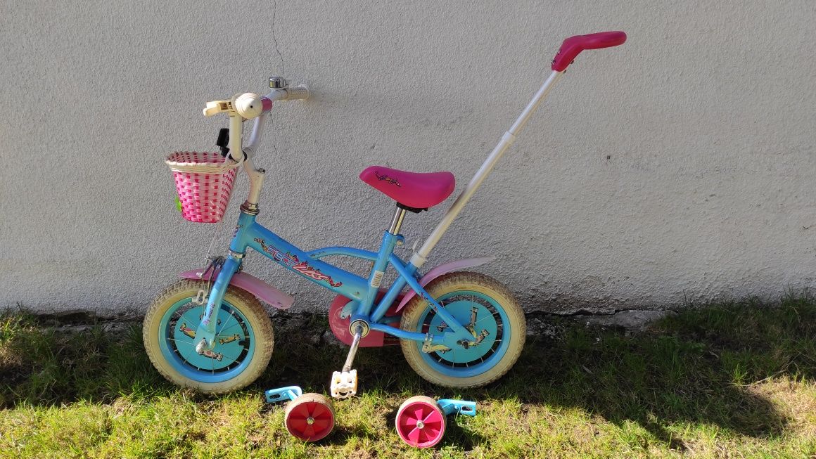 Rower dziewczynka niebieski różowy boczne kółka