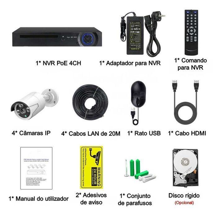 Conjunto Kit * 4 câmaras 3MP * PoE *  Vídeo vigilância * c/áudio