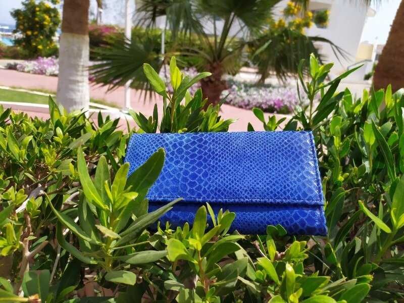 кожаный женский синий кошелек из змеиной кожи Турция