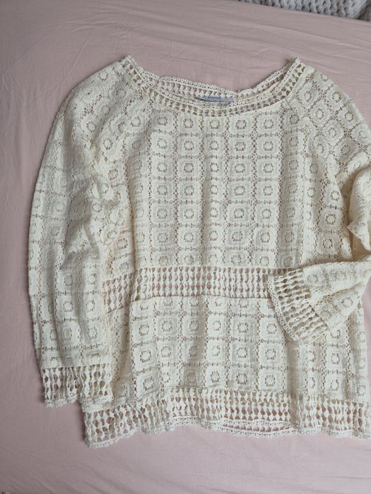 Ażurowa bluzka kremowa haftowana boho folk ażurowa M