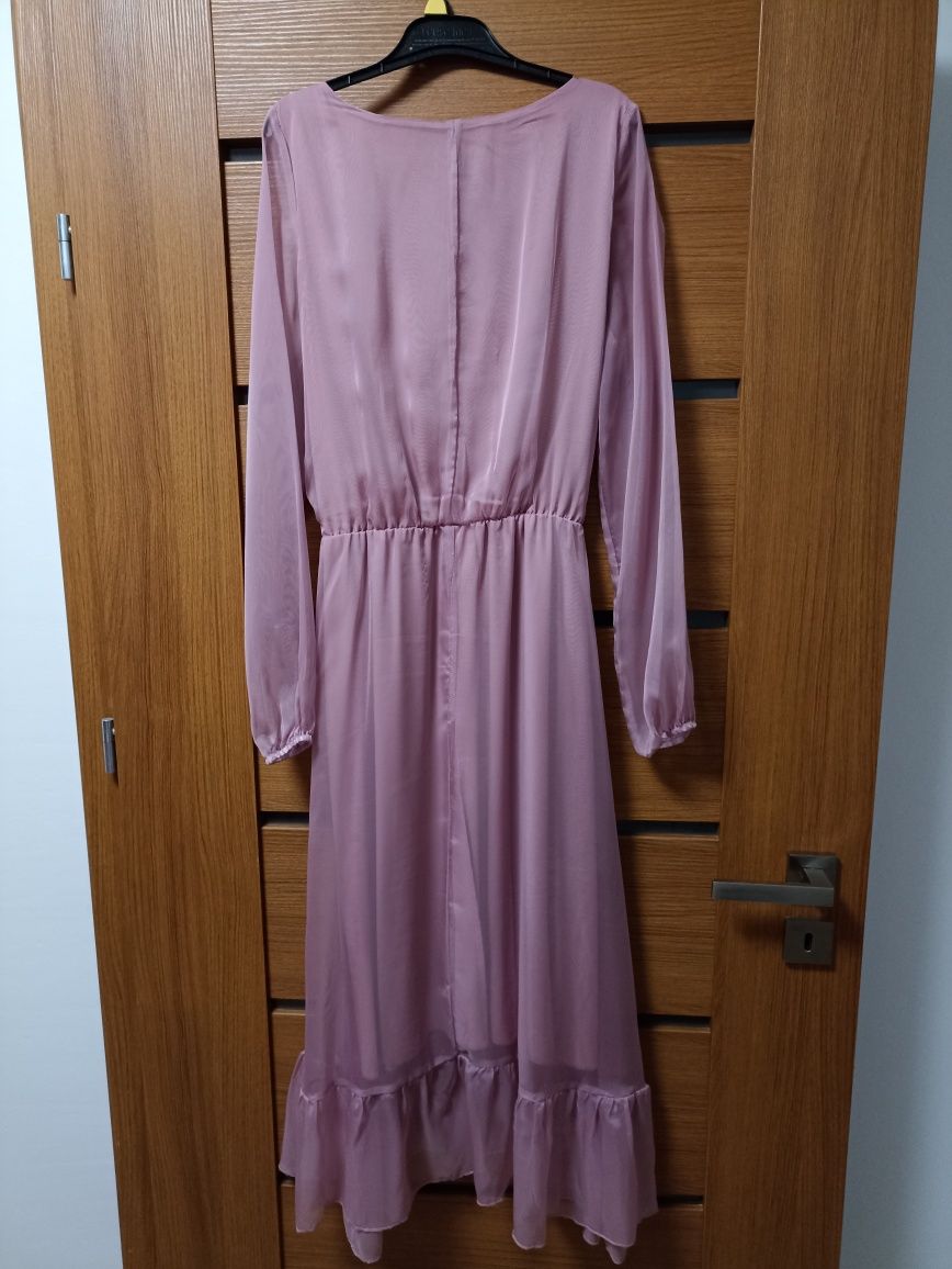 Sukienka szyfonowa NUMOCO MIDI długi rękaw blady róż rozmiar S/M