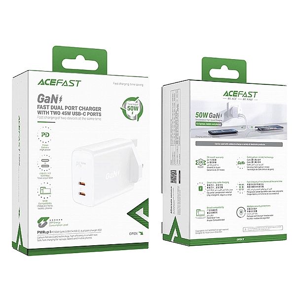 Acefast ładowarka sieciowa GaN (wtyczka UK) 2x USB Typ C 50W, Power De