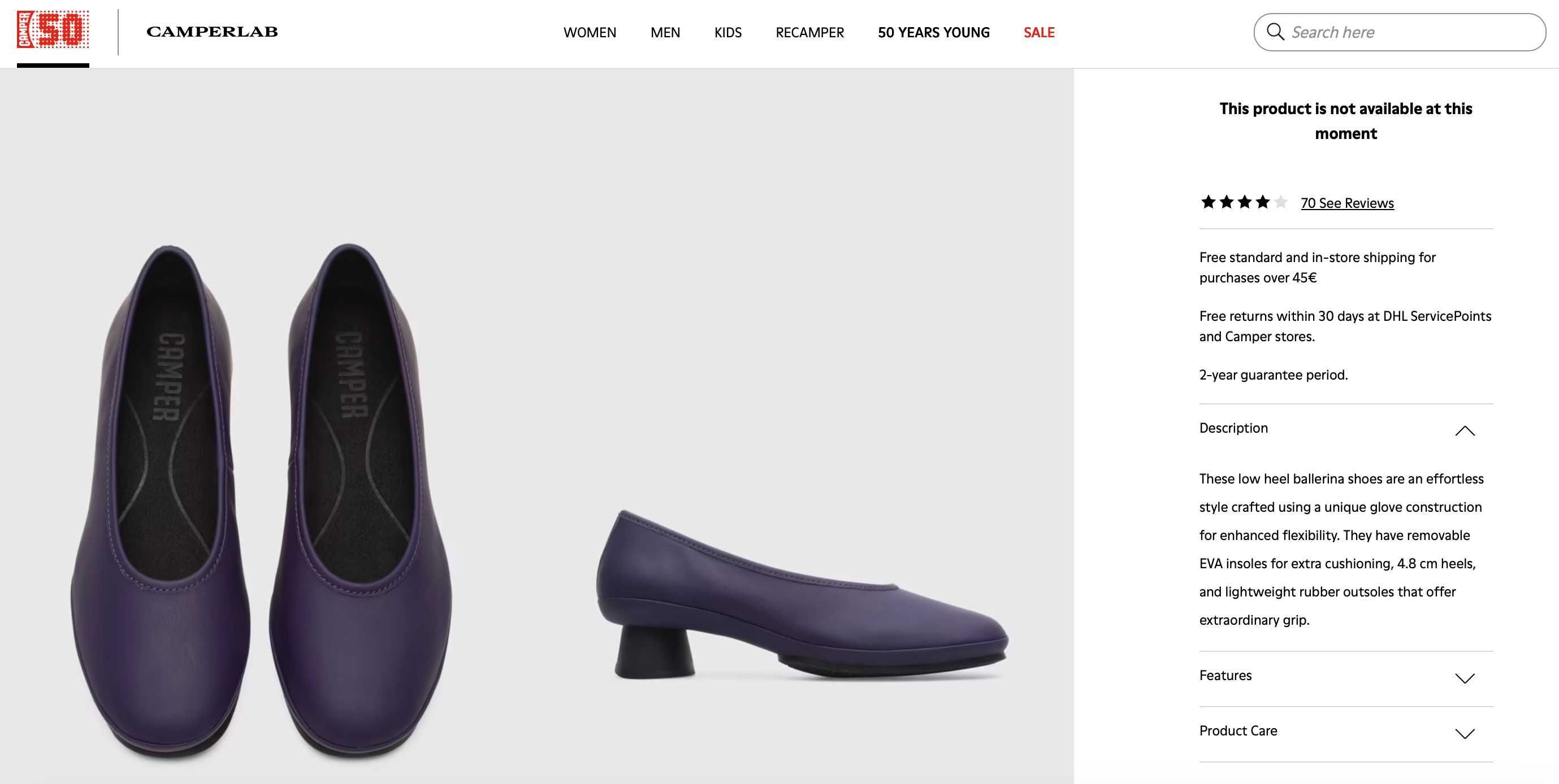 Baleriny Camper na obcasie model Alright kolor purple