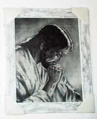 Jezus Modlący Frasobliwy Obraz Rama mazana MDF marmurek 24,5 x 29,5