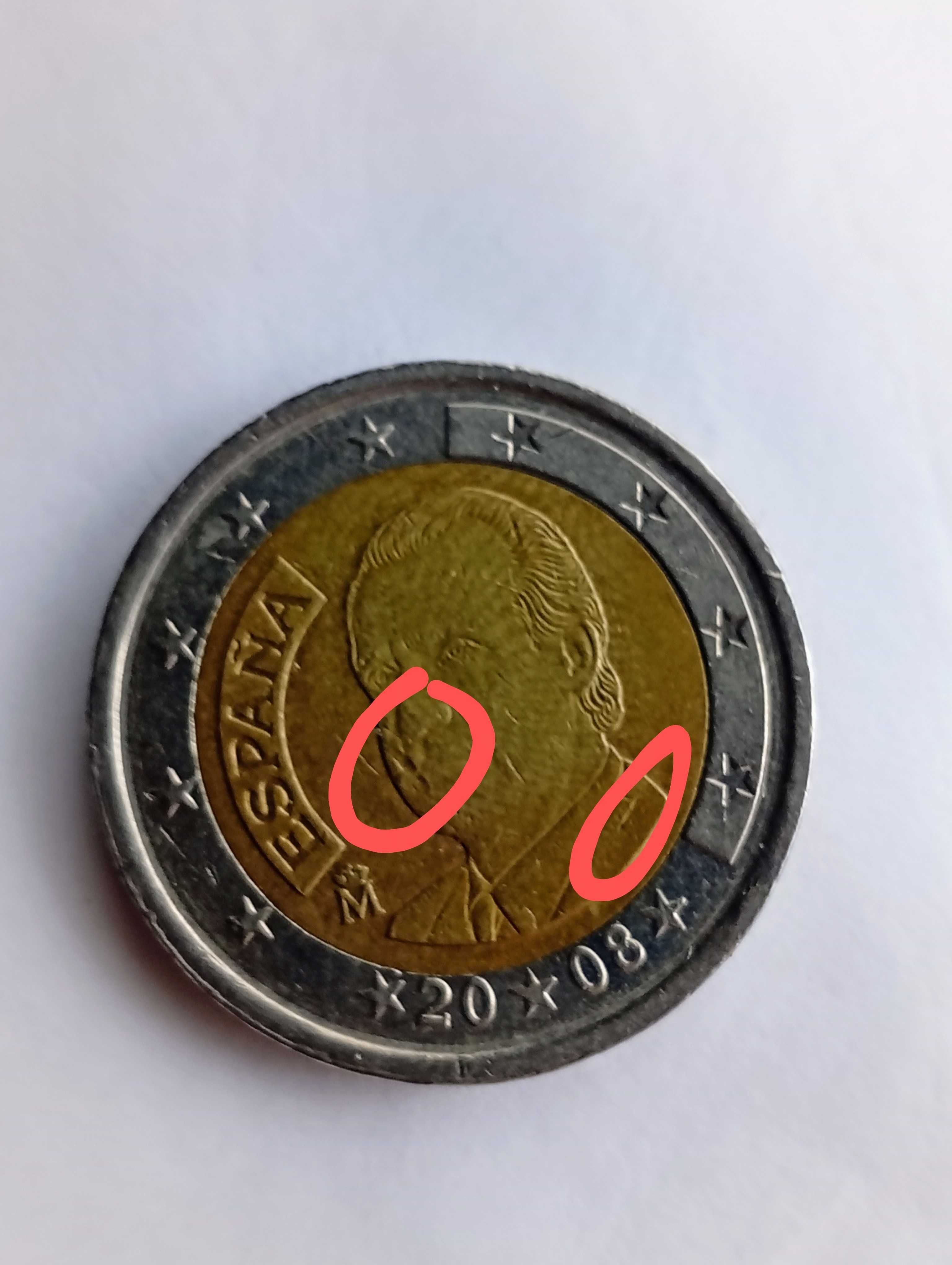 Moeda espanhola, 2 €, 2008, com defeitos