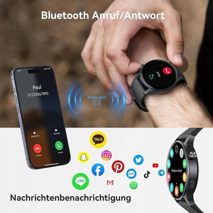 Smartwatch męski, damski okrągły, czarny, AMOLED 1,32", Rozmowy, AEAC