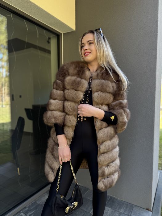 Futro naturalne z lisa 3 w 1 brązowe ombre kamizelka płaszcz 100% xs/s