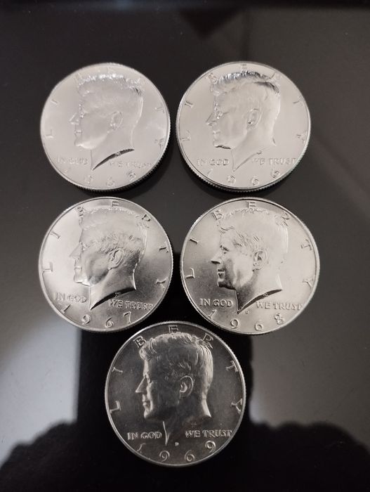 Moedas meio Dollar Prata 1965, 1966, 1967, 1968 e 1969 USA