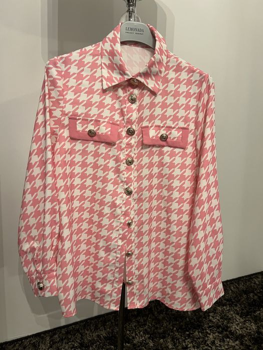 Koszula różowo-biała pepitka M/L+wiązanie