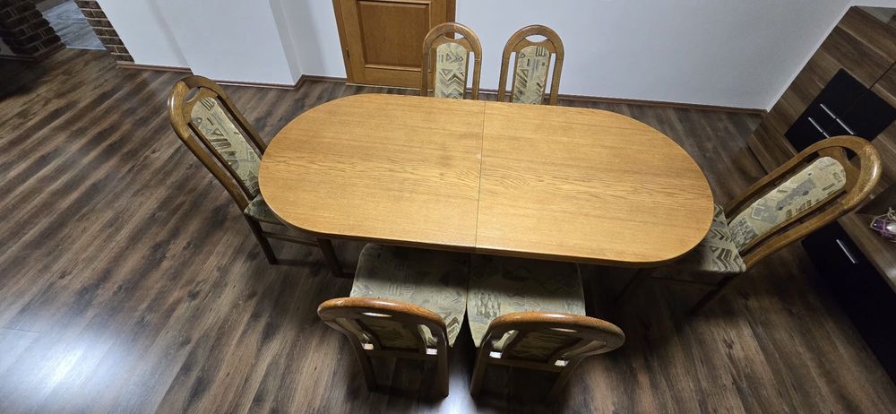 Elegancki komplet: stół dębowy rozkładany 183/248cm/91cm + 6 krzeseł