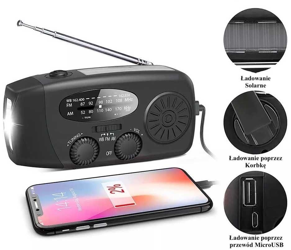 Radio Na Korbę Solar POWERBANK Latarka Awaryjne Brak Prądu Zasilanie