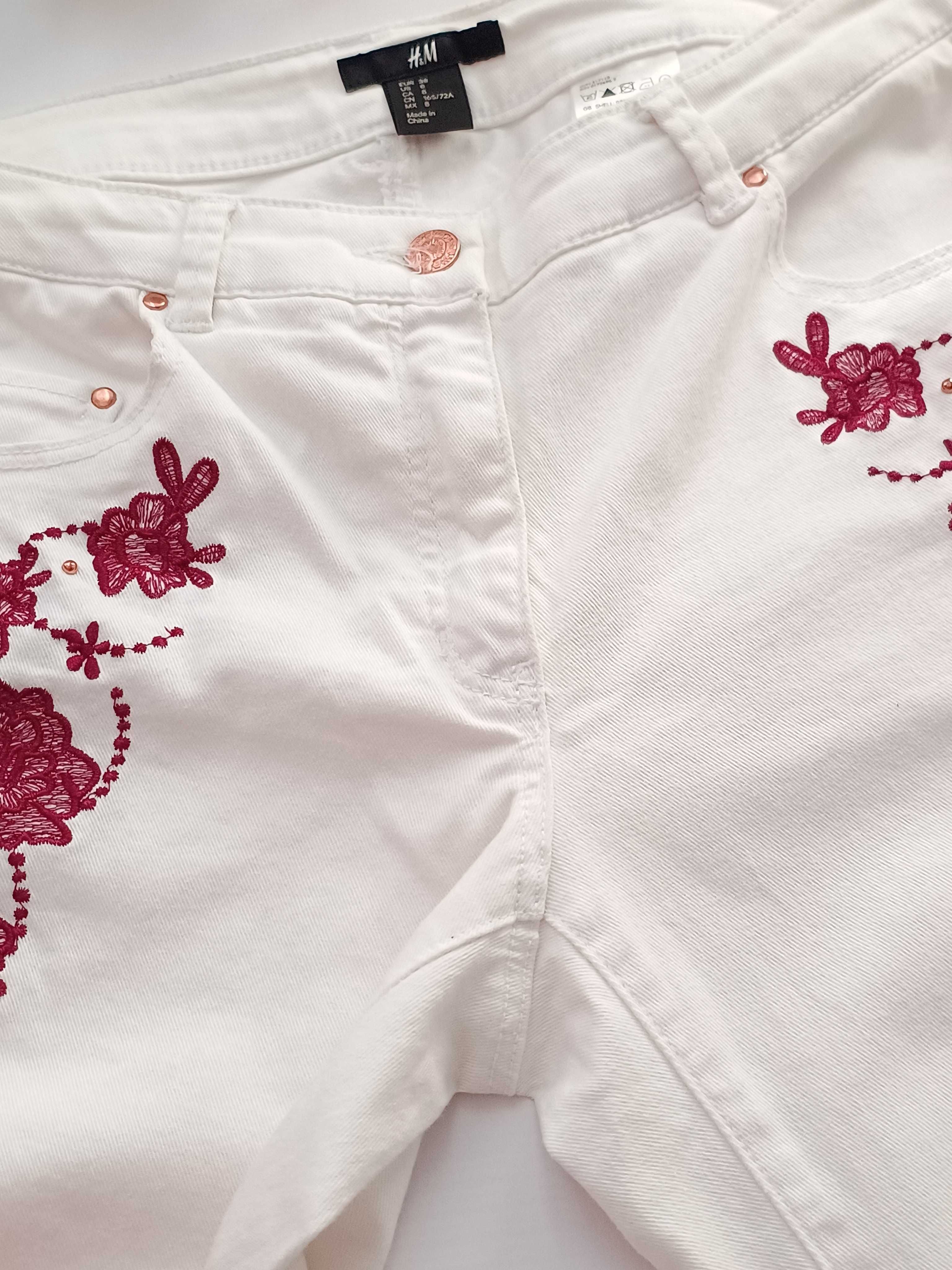 Białe spodnie jeansy do kostek skinny z haftem bawełniane H&M 38 M