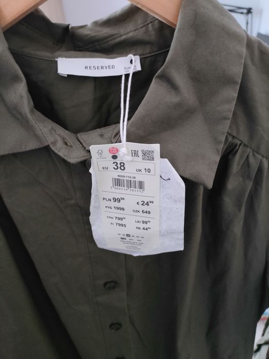 Długa sukienka bawełniana koszulowa rozkloszowana elegancka khaki 38