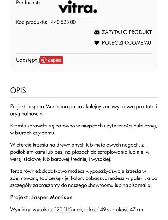 Hoker bialy krzeslo vitra play Jasper Morrison