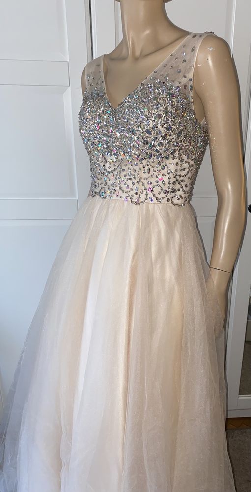 Suknia maxi balowa bal wieczorowa S M studniówka wesele cekiny tiul